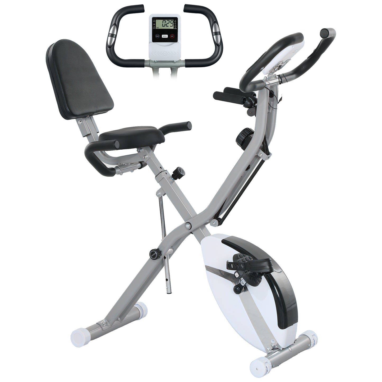5-In-1 Folding Exercise Bike with Arm Workout Bands, Quiet 8-Level Magnetic Resistance Foldable Exercise Bike with LCD, Tablet Holder, White