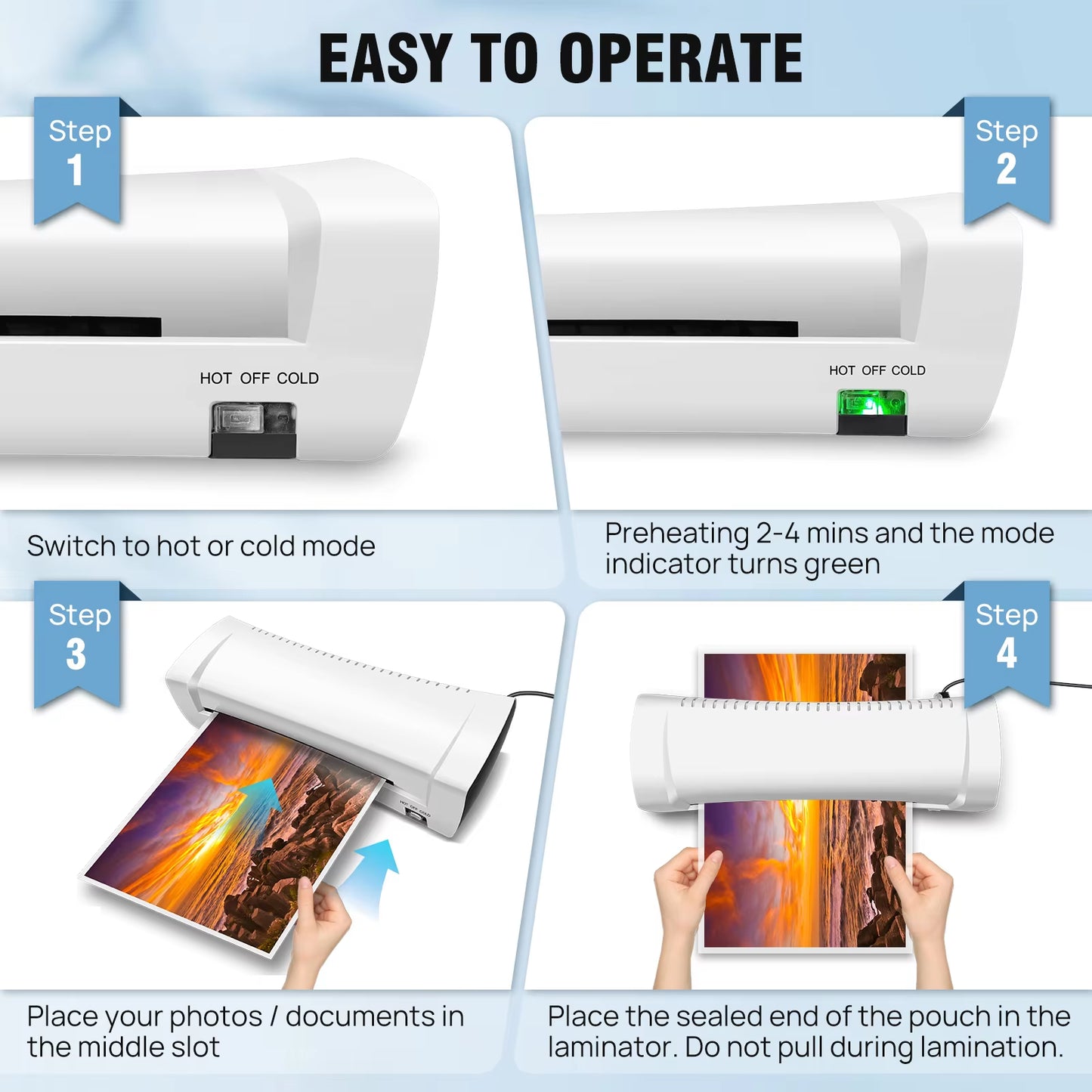A4/A5/A6 Thermal Laminating Machine Compact Lightweight A4 Laminator With Hot and Cold Settings, 3-4 Min Quick Warm-Up