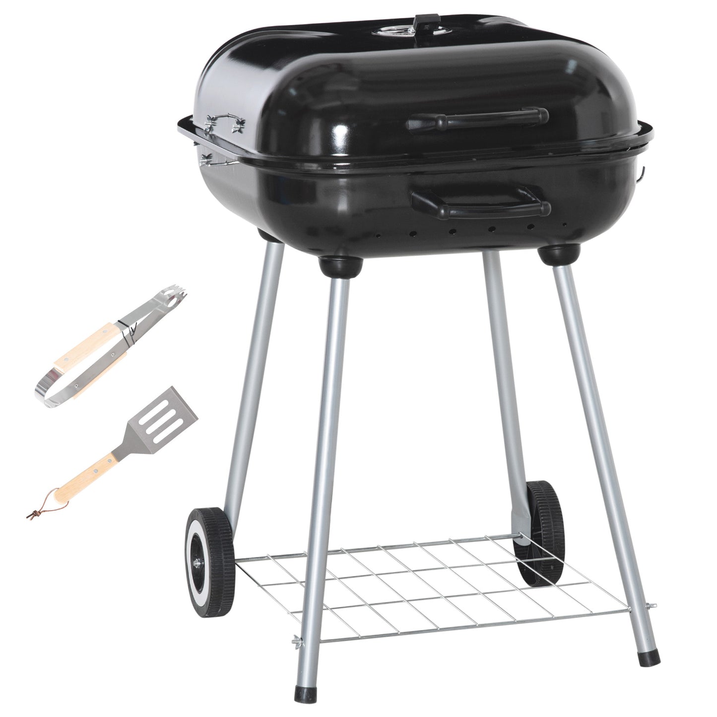 Outsunny Portable BBQ Charcoal Grill with 2 Wheels and Cooking Utensils, Smoker Grill with Lid for Outdoor Barbecues, Camping, Picnic