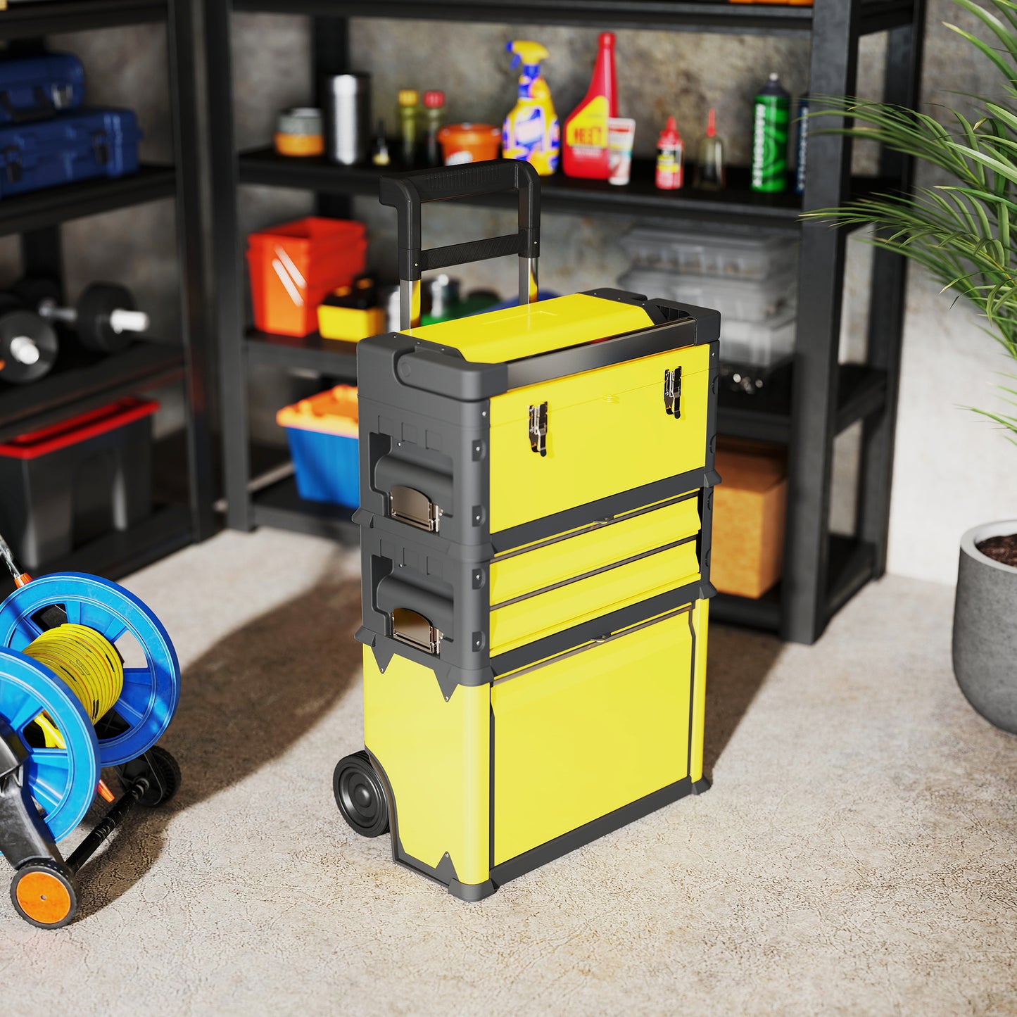 3-in-1 Stackable Three Tier Rolling Tool Storage Box On Wheels - Yellow