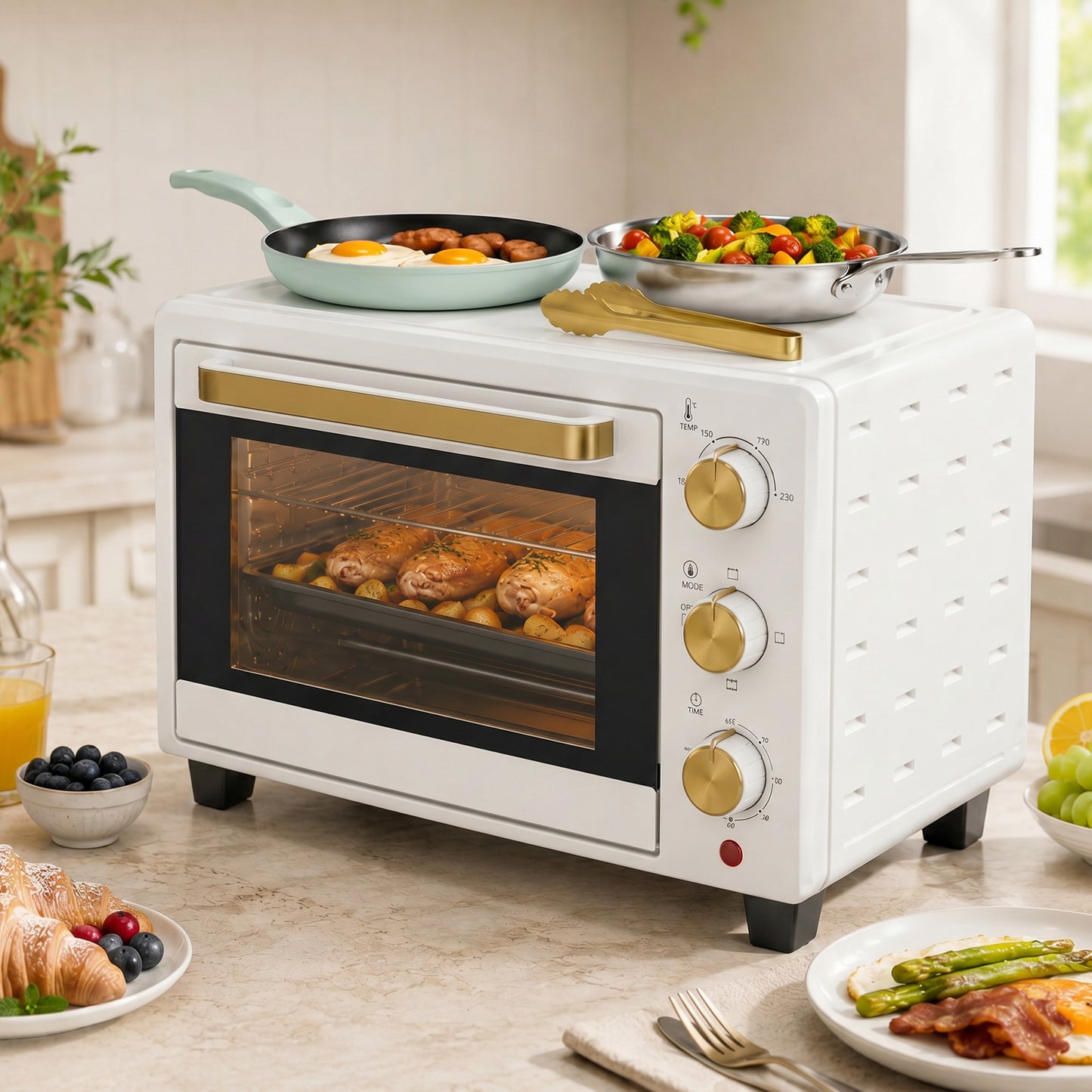 21L Mini Countertop Oven | Adjustable Temperature 100-230°C | 60-Min Timer | White
