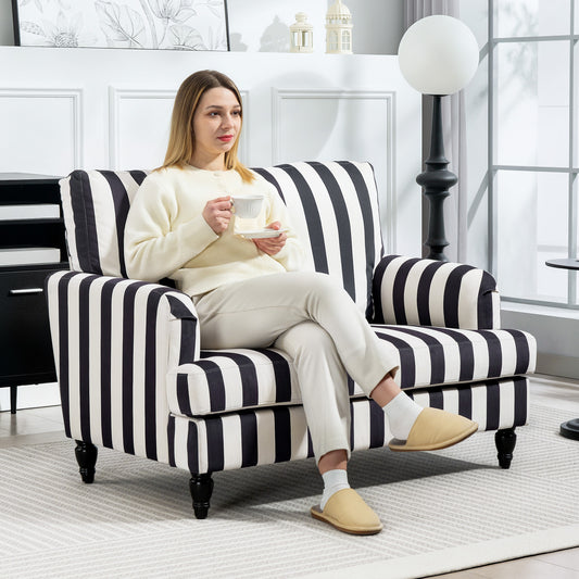 Modern Accent Chair, Velvet Single Sofa Armchair with Stripe, Turned Legs and Wide Seat, Upholstered Snuggle Chair for Living Room, Black and White