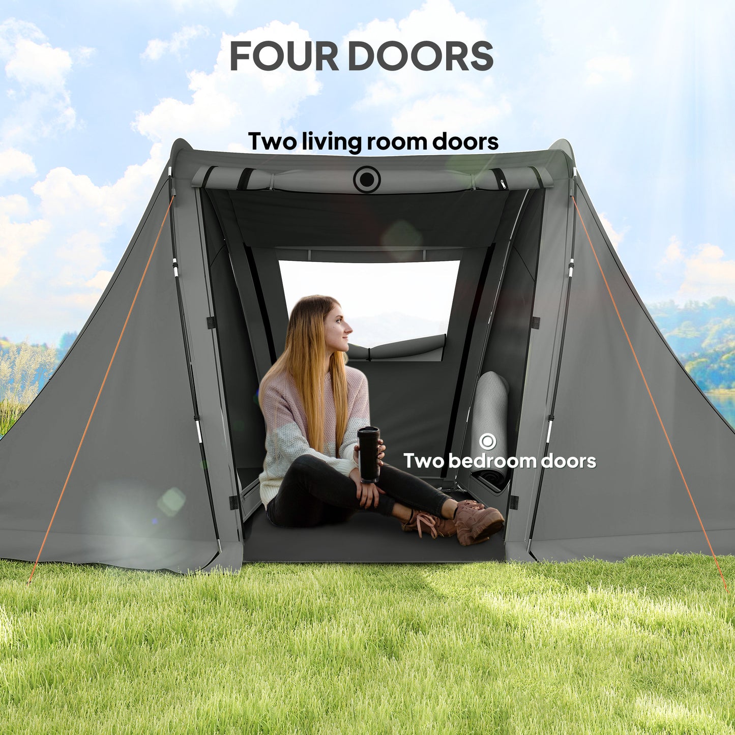 3 Man Camping Tent with Living Area and 2 Bedrooms, 3000mm Waterproof Family Tent with Sewn-in Groundsheet for Hiking, Festival, Backpacking