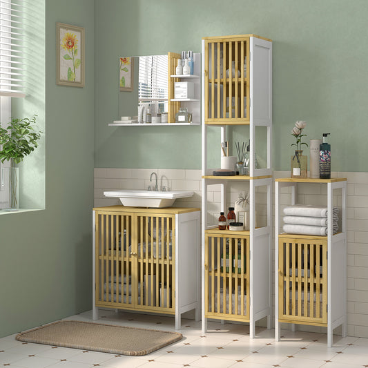 Bamboo-Blend Retro Vintage Style Cut-Out Tall Bathroom Storage Unit