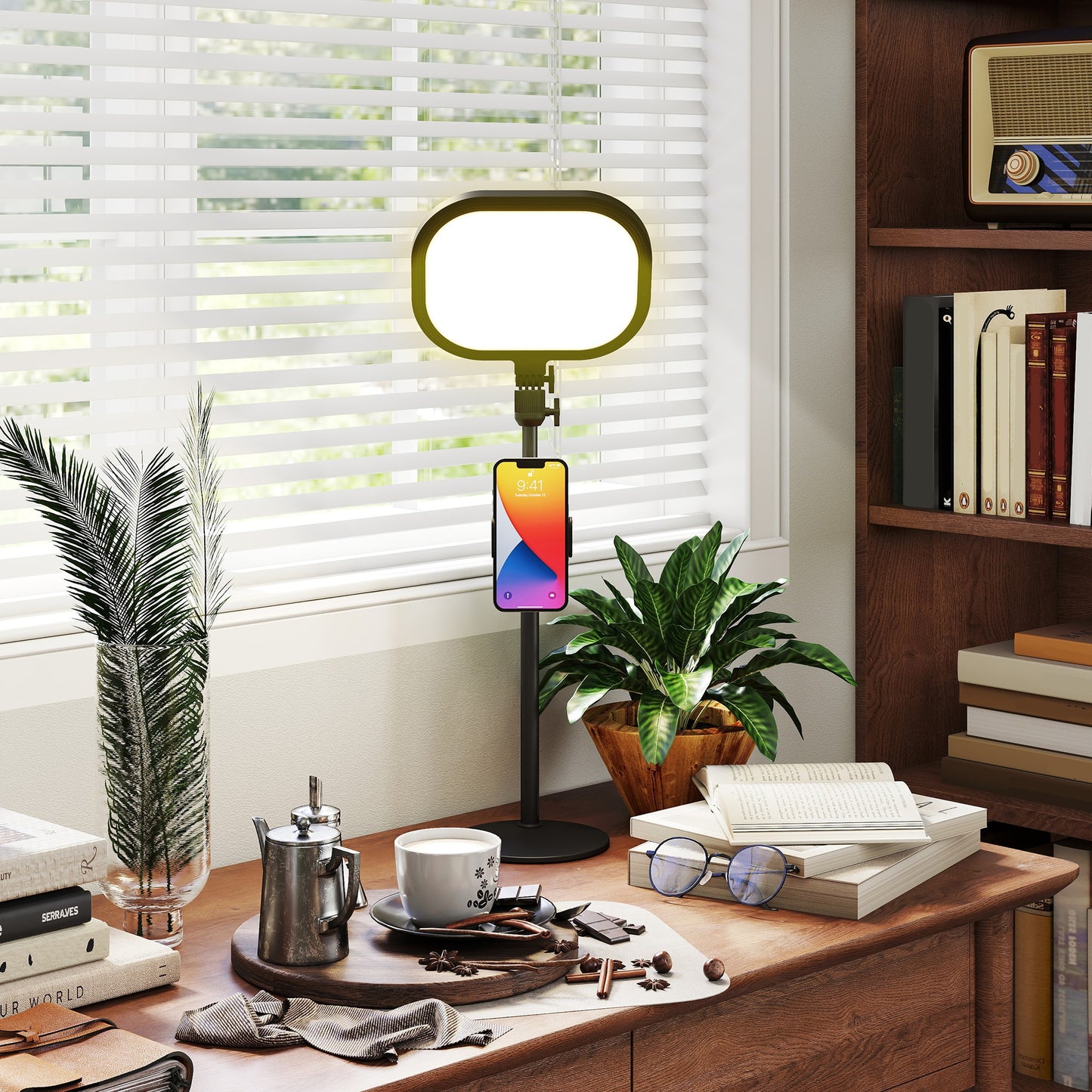 Selfie Light for Video Conference Lighting, Dimmable Desk Lamp with Stand Phone Holder, 5 Colour Modes & 10 Brightness Levels, Memory Function Recording, Video Calls