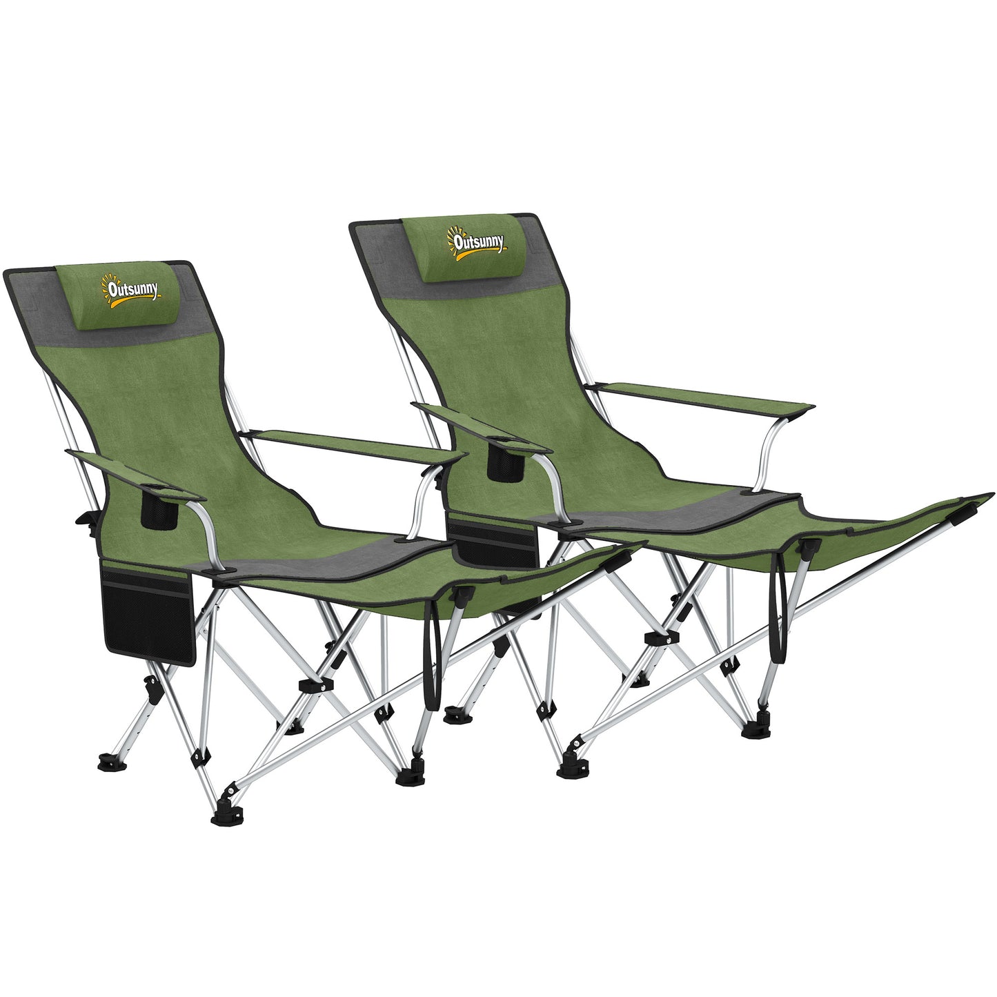 Set of 2 Reclining Folding Camping Camp Chair w/ Detachable Footrest, Storage Bag, Cup Holder & Headrest, Lightweight Portable for Beach, Picnic