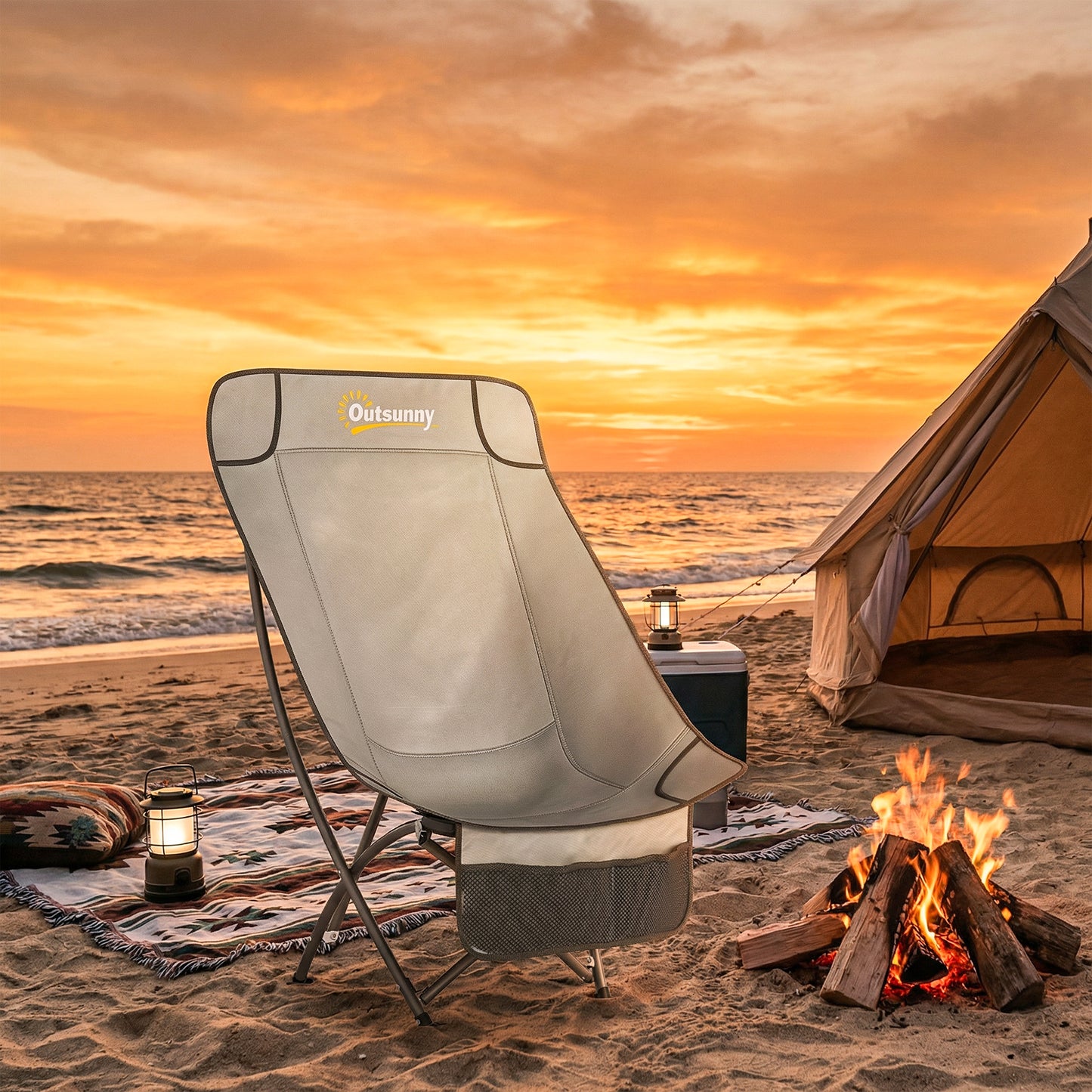 Outsunny Moon Camping Chair – Heavy Duty Folding Camp Chair, 120kg, Water-Repellent Oxford Fabric, Side Pocket & Carry Bag – Light Grey
