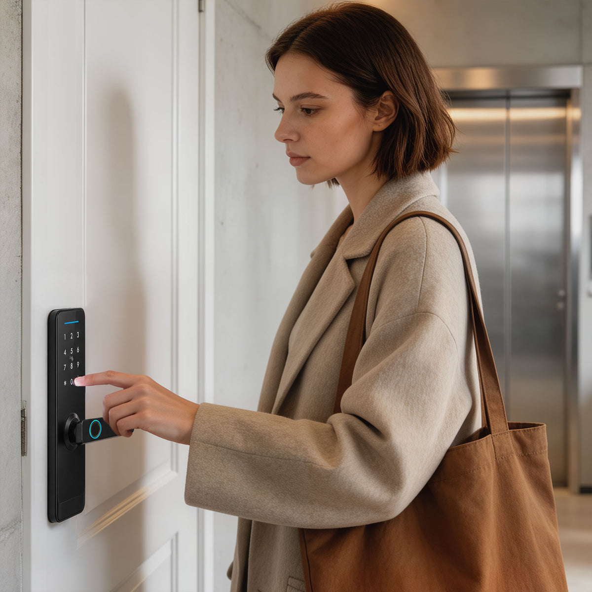 Smart Door Lock | 5-in-1 Entry: Fingerprint / Passcode / NFC Card / Tuya App / Key | Built-in Doorbell | Bluetooth 10m | ADC12 Alloy & Tempered Glass | Copper Cylinder | Door 3.5-6cm | Left & Right Hand | 7.1x19.3x13.4cm | Black