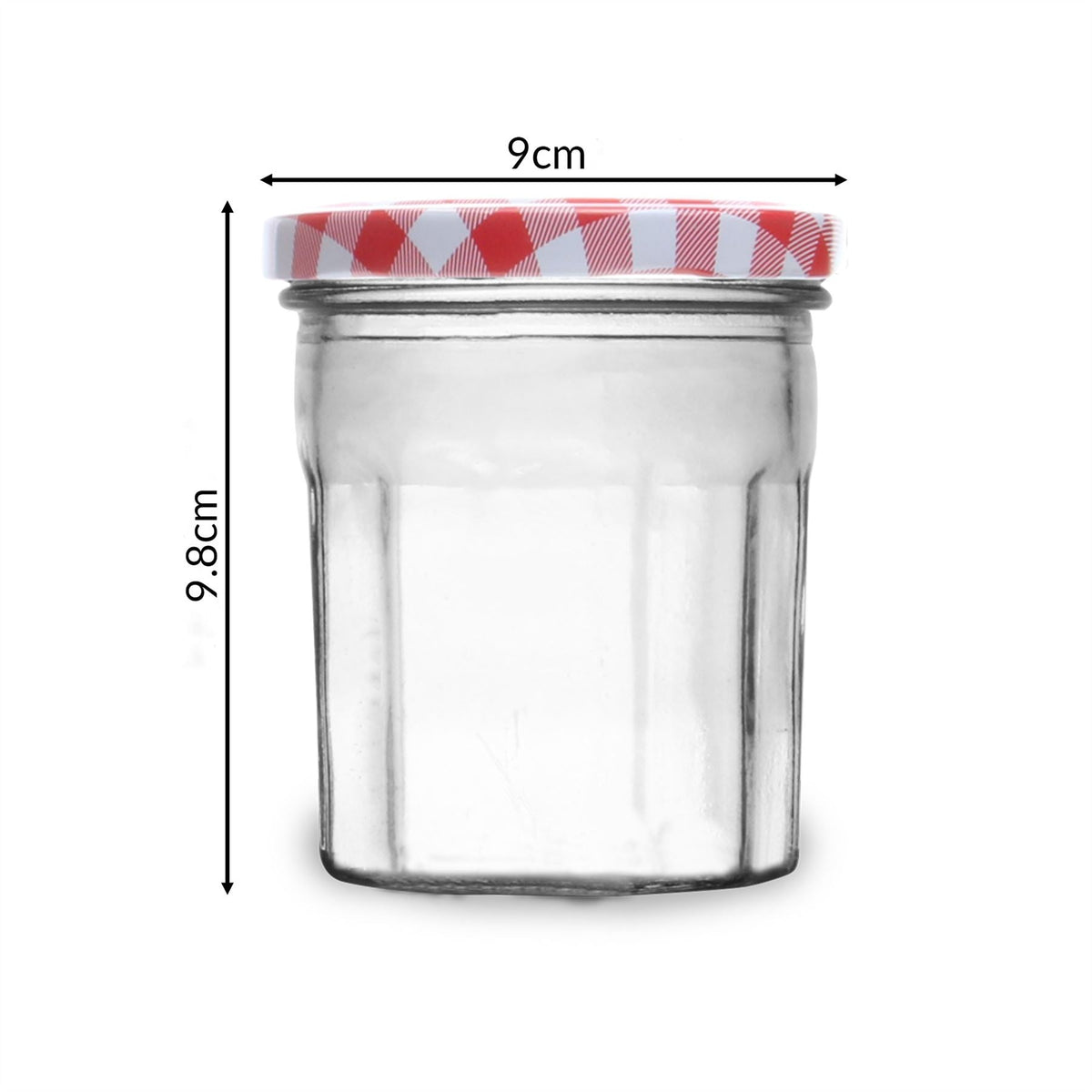 Maison & White Set of 12 Wide Mouth Glass Jam Jars | 324ml | 9.8x9cm | Gingham Lids | Airtight Vinegar-Proof | Oven Fridge & Dishwasher Safe | 2-Year Guarantee