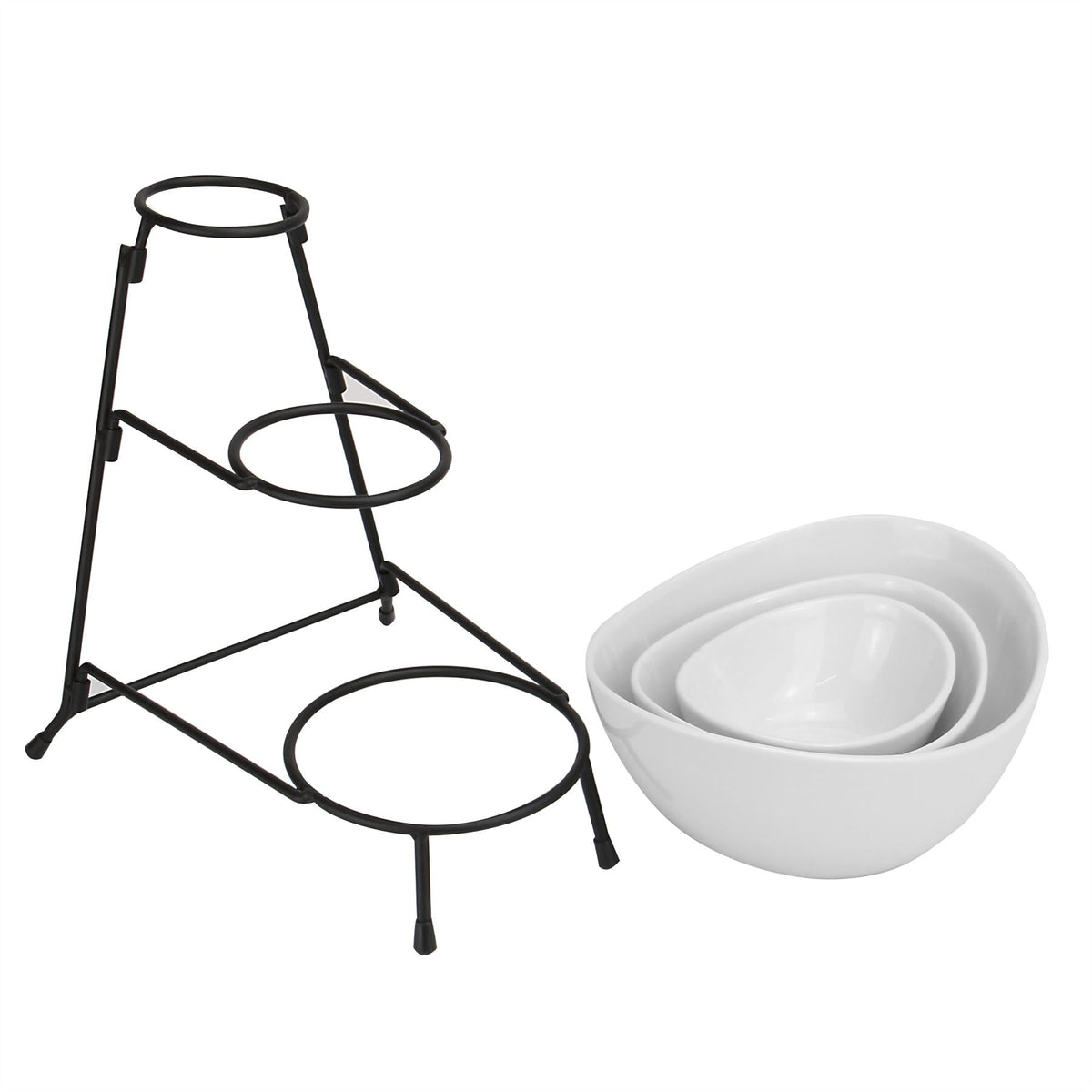 Maison & White 3-Tier Serving Bowl Set | 3 White Ceramic Snack Bowls & Black Iron Stand | Graduated Buffet, Party & Sharing Display | 27cm Stand