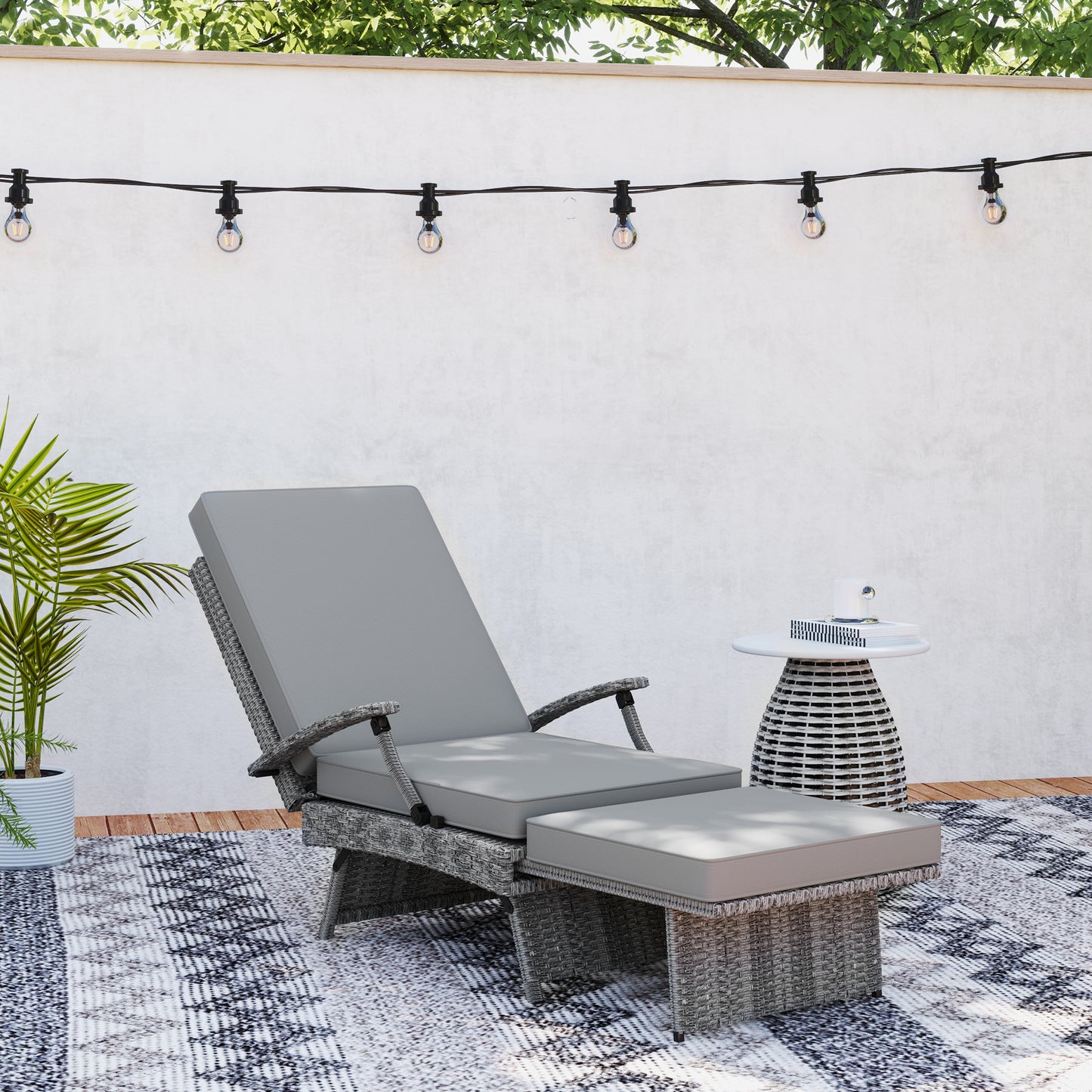 Outsunny 80° Reclining Rattan Lounger - Grey / White Beige