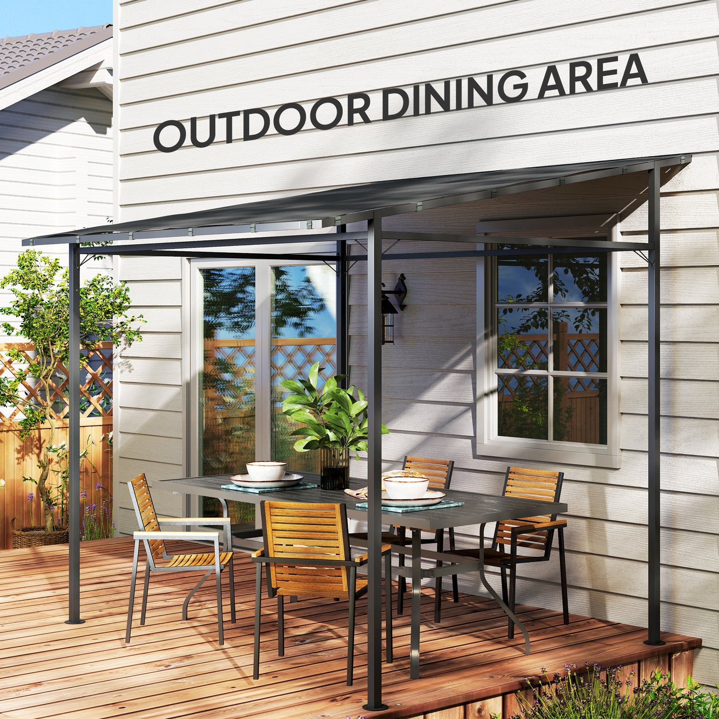 2.4 x 2.4 m Wall Mounted Pergola Gazebo with PA Coating Fabric and Metal Frame, UPF30+, Lean to Garden Gazebo, Wind Resistant Sun Shade Shelter