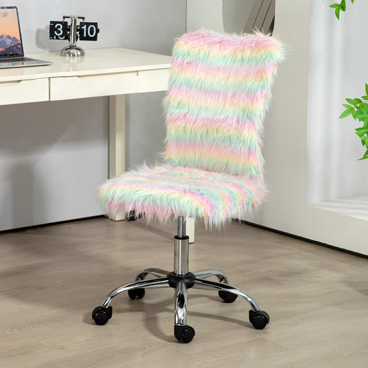 Armless Computer Desk Chair, Fluffy Fabric Swivel Office Chair, Makeup Vanity Chair with Height Adjustable, Wheels, Unicorn Tone