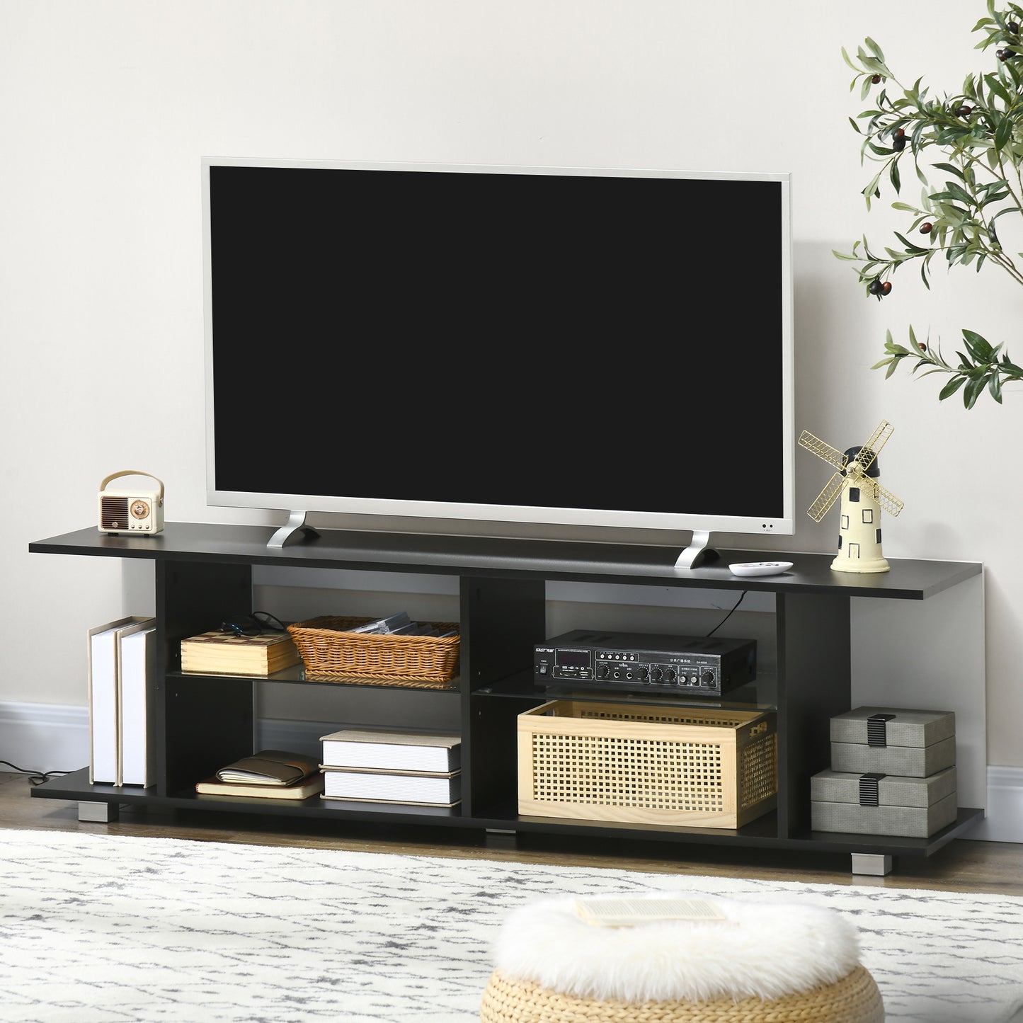 TV Stand, 145cm Modern TV Unit with Glass Shelves, RGB LED Light for 32 40 43 50 52 55 60 inch 4k TV, Black
