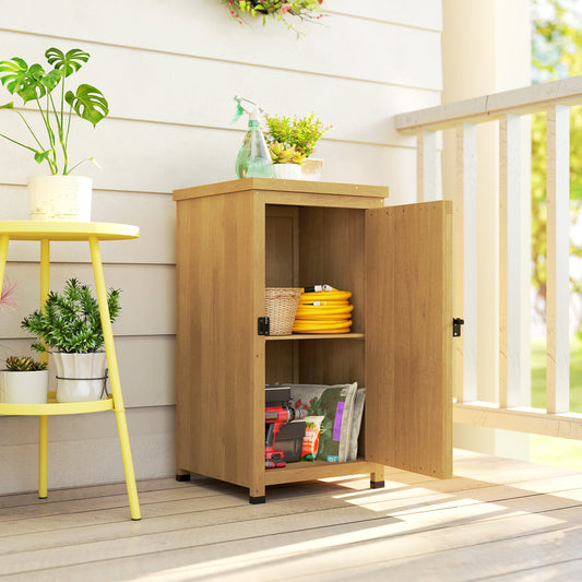 Compact Fir Wood Garden Storage Cupboard | Galvanised Metal Top | 2-Tier Shelf | Metal Clasp Door | 7.5cm Raised Feet | 45x45x85cm | Patio & Balcony | Light Brown