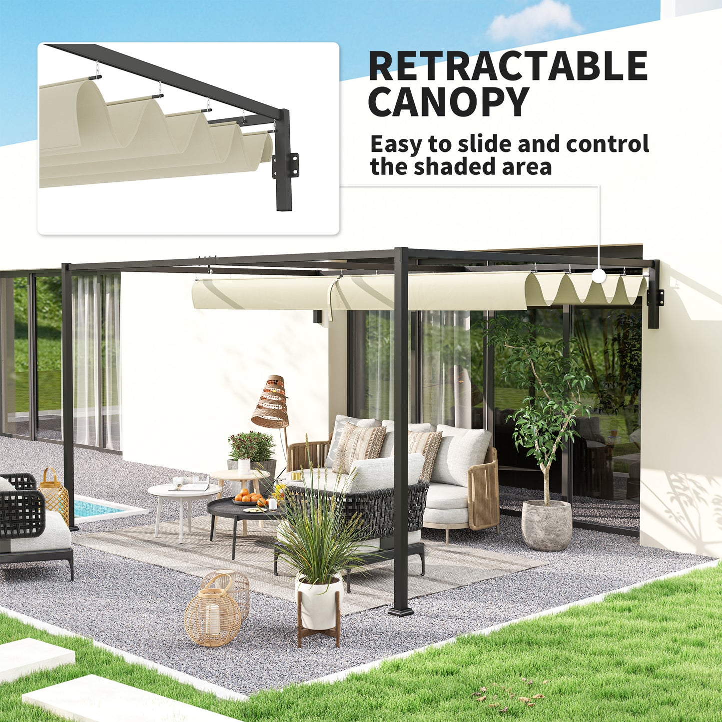 Outsunny 3 x 4m Lean To Steel Pergola, with Moving Fabric Canopy - Khaki