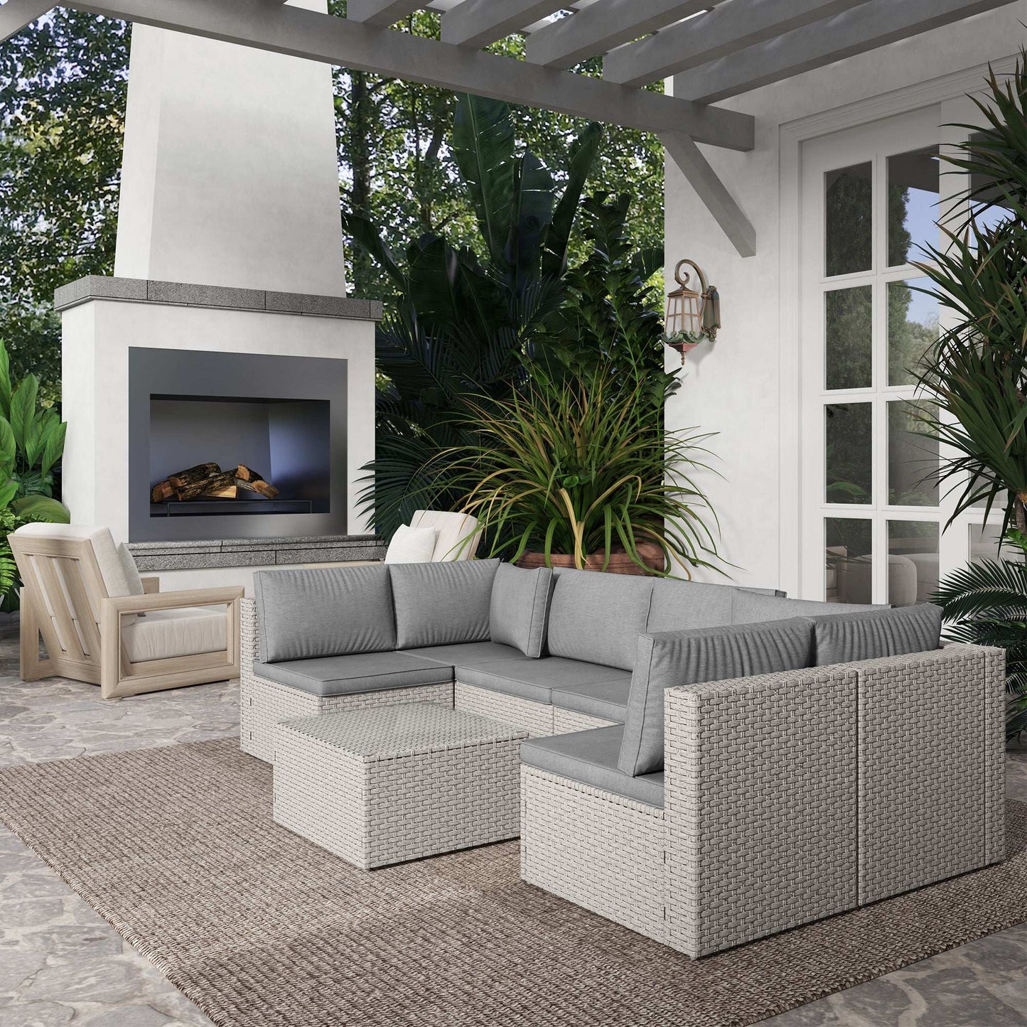 Outsunny Seven-Piece Modular Rattan Outdoor Garden Corner Furniture Set - Grey