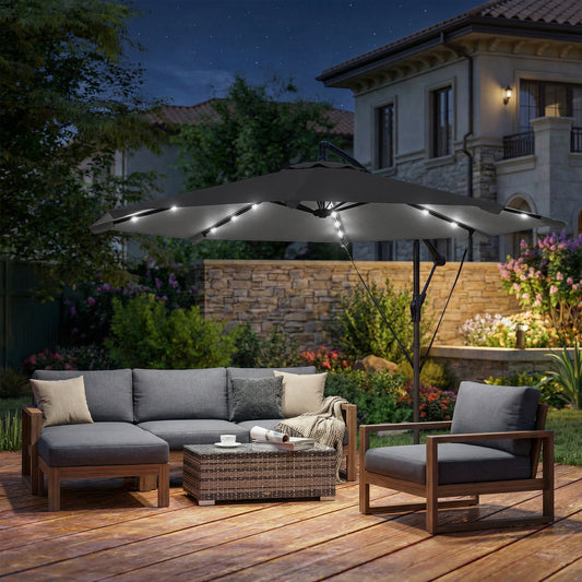 3m Cantilever Parasol with 32 Solar LED Lights | 295cm Canopy | 8 Metal Ribs | Crank Lift | Water-Repellent | 2 Wind Ropes | Cross Base & Cover Included | Black