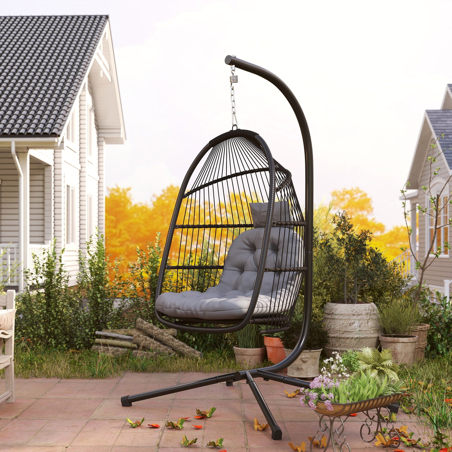 Outsunny Rattan Hanging Egg Chair with Stand, Foldable Wicker Swing Egg Chair with Cushion, Head Pillow, Steel Frame, Hammock Chair