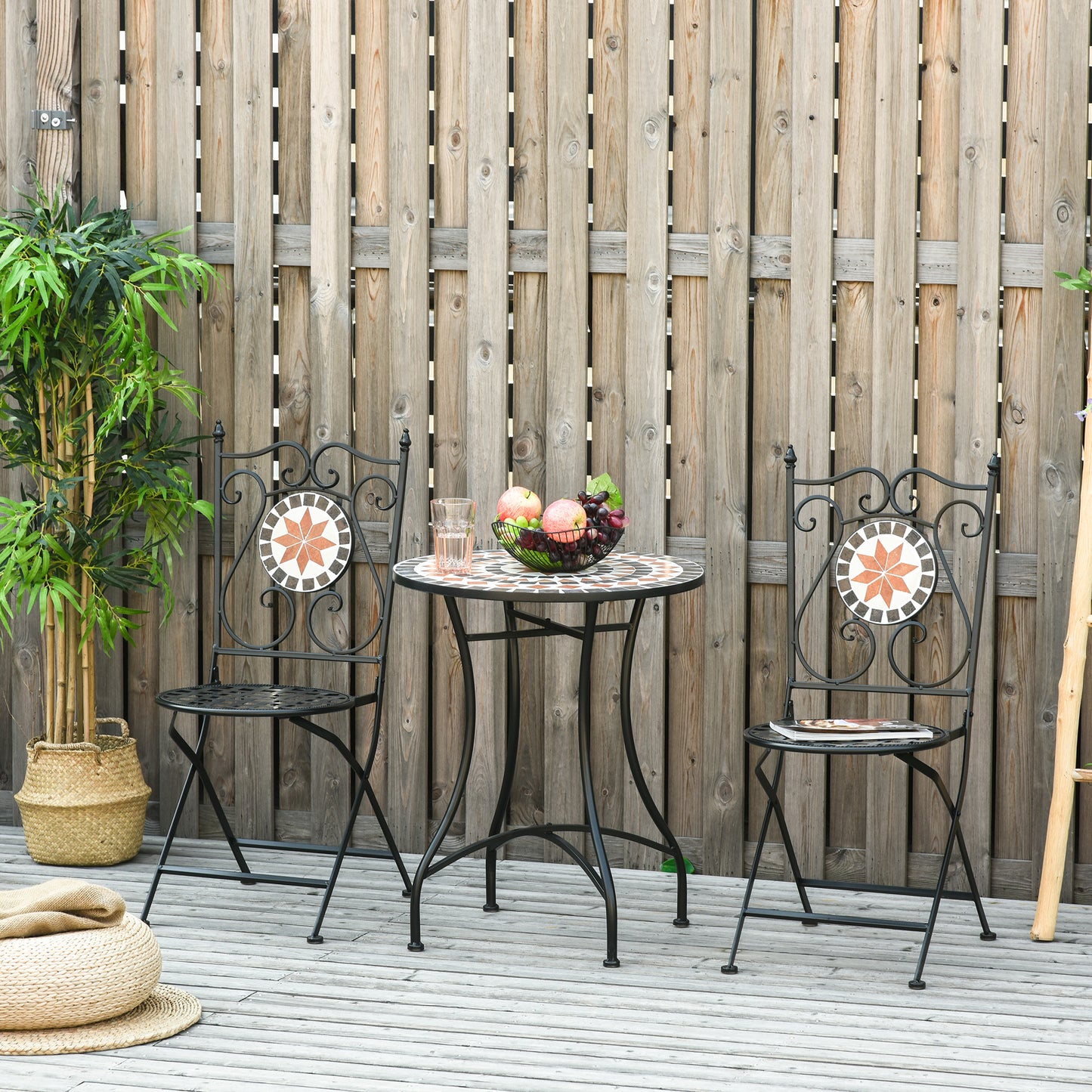 3 Piece Garden Bistro Set | Ceramic Tile Round Table Dia 60cm | 2 Folding Chairs | Mosaic Pattern | Metal Frame | 100kg | Indoor & Outdoor | Black