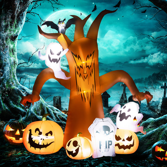7.9FT Tall Halloween Inflatable Ghost Tree with Pumpkins, White Ghosts and Tombstone, Blow-Up Outdoor Halloween Decoration for Lawn, Garden, Party