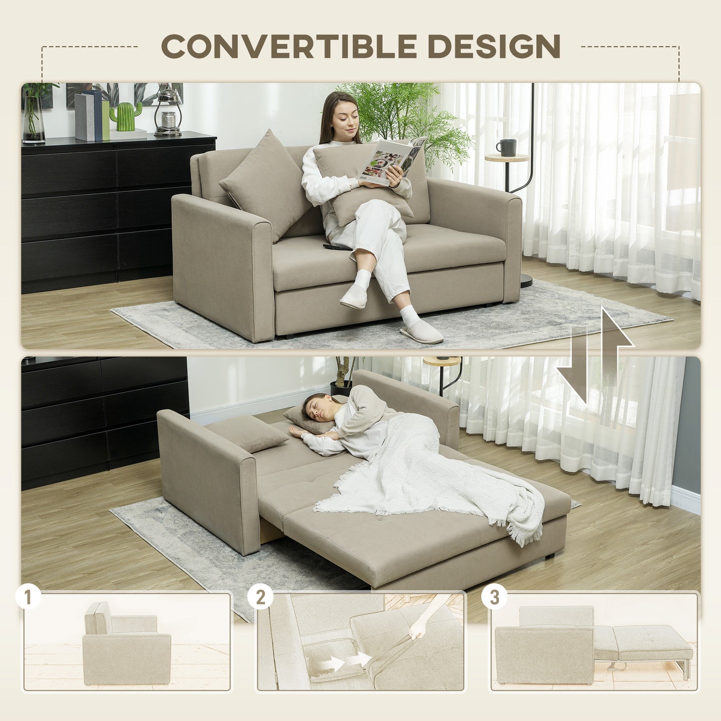 2 Seater Sofa Bed, Convertible Bed Settee, Modern Fabric Loveseat Sofa Couch with 2 Cushions, Hidden Storage for Living Room, Light Brown