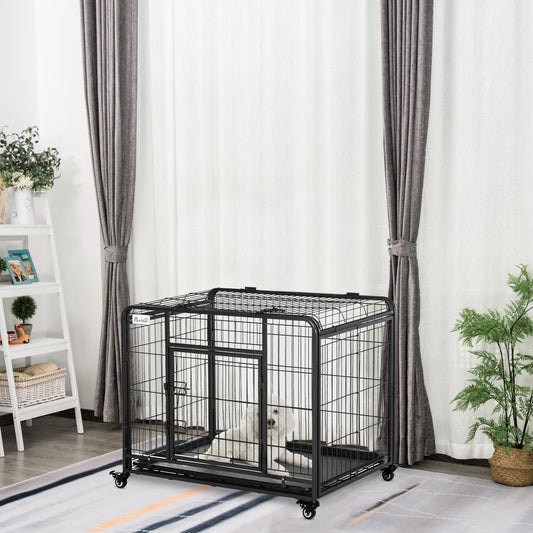 Dog Cage on Locking Wheels | Double-Latch Door | Openable Top | Removable Tray | Foldable | Medium Dogs up to 20kg | 94 x 58 x 76.5cm | Dark Grey