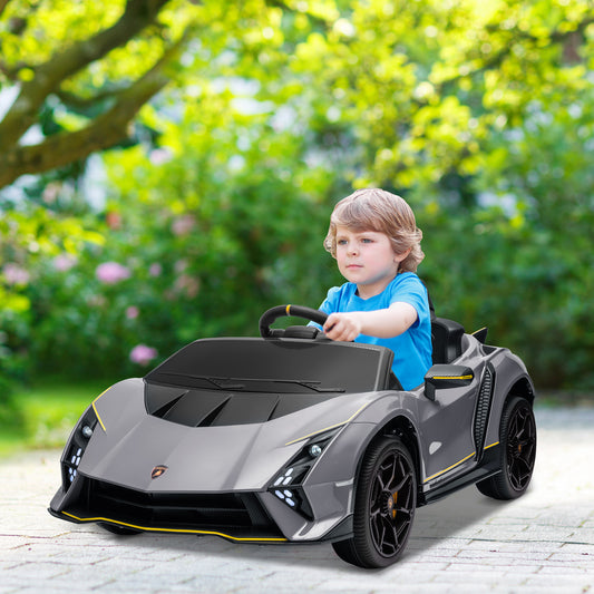 AIYAPLAY 12V Lamborghini Autentica Licensed Kids Electric Car with Remote Control, 4 Suspension Wheels, Soft Start, Grey / Pink