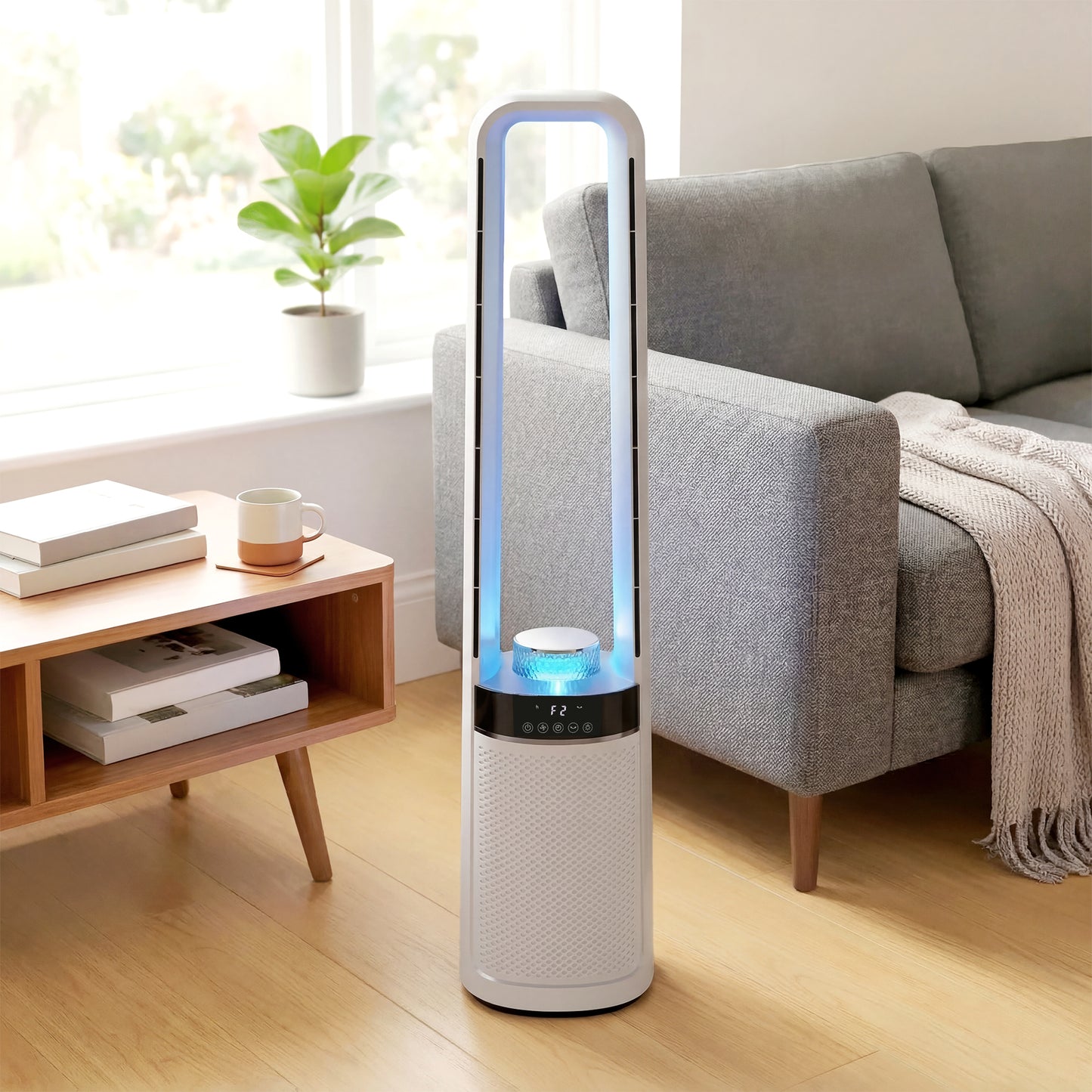 Bladeless Tower Fan | 36dB Sleep Mode | 4-Colour LED & Breathing Mode | 45° Oscillation | 3 Speeds | 12H Timer | 5m Remote | Washable Filter | 85W | 20.6x21.4x93.3cm | White