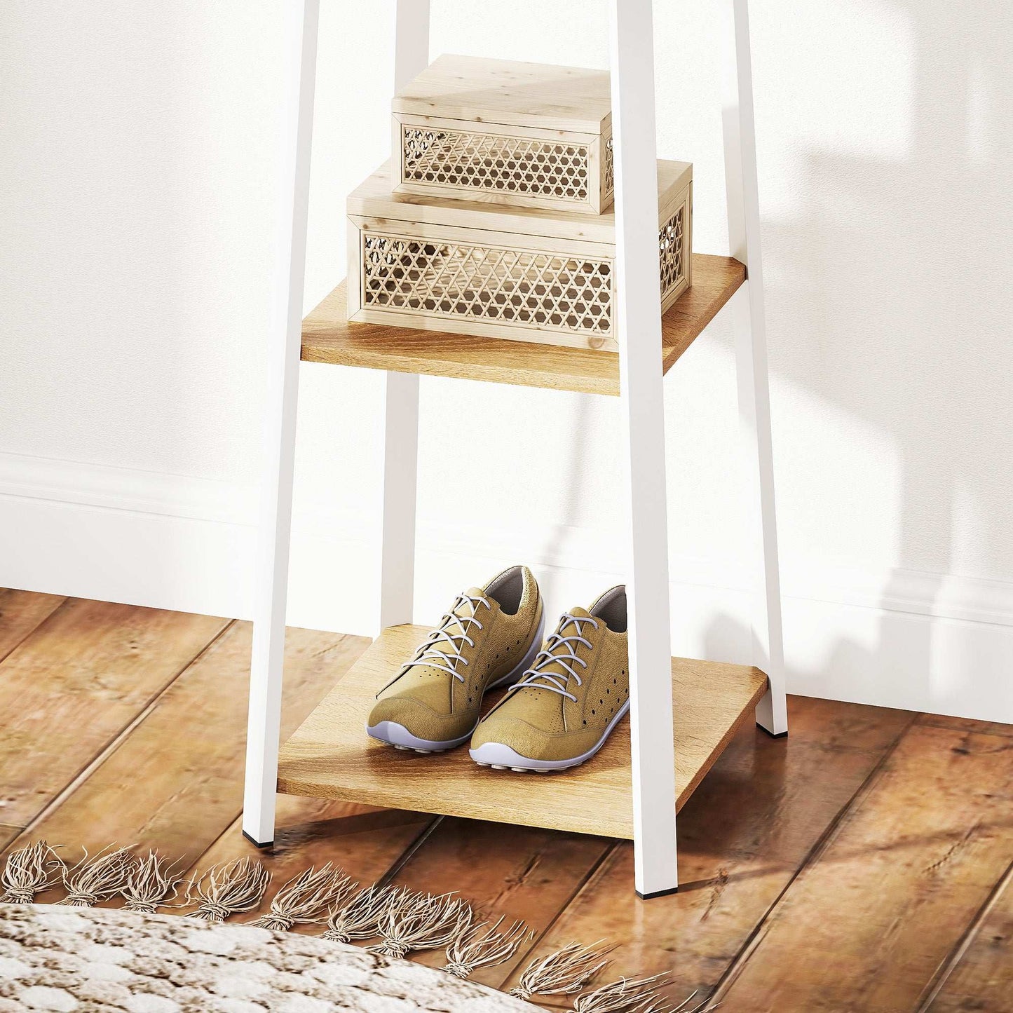 Compact Freestanding Coat Rack Organiser - White/Oak