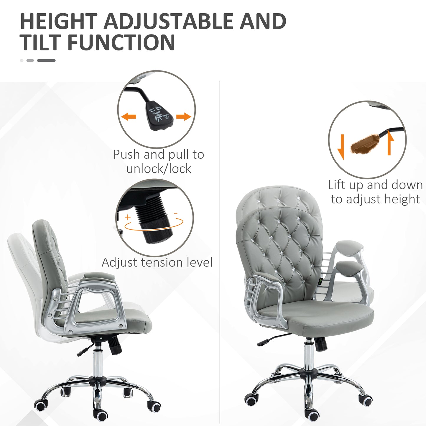Vinsetto Retro Vintage Style Office Chair Ergonomic 360° Swivel PU Diamante Padded Base 5 Castor Wheels for Home Work Grey