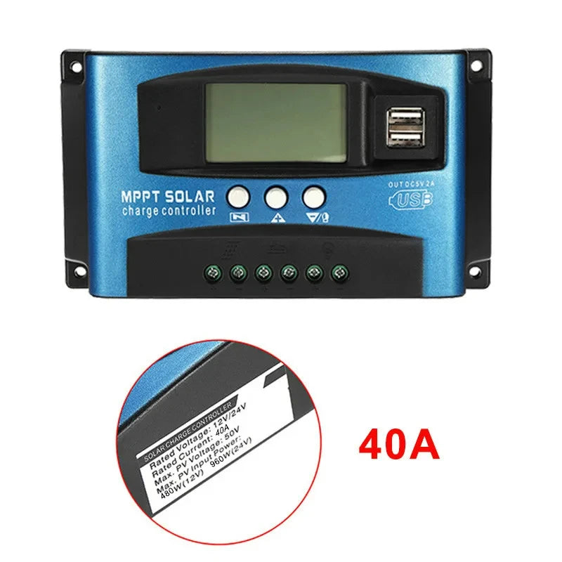 MPPT Solar Charge Controller 12V 24V Solar Panel Battery Charger 30A 40A 50A 60A 100A Dual USB LCD Display Regulator with Load
