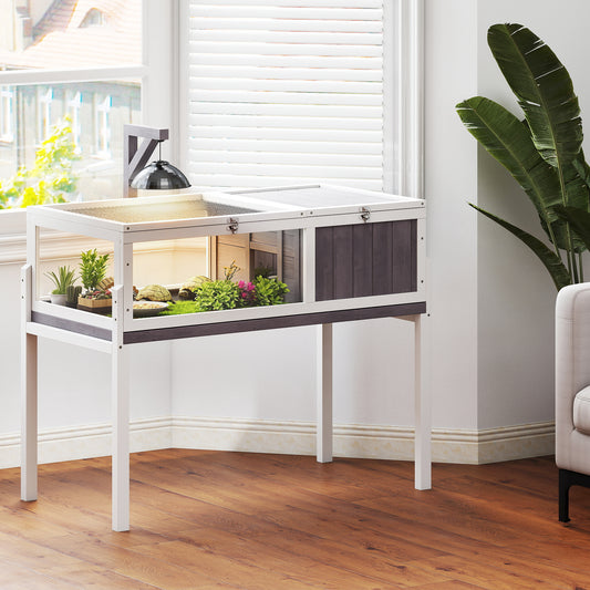 Wooden Tortoise Cage | Dual-Zone Habitat | Clear Panels | Raised Stand | Lamp Holder | 104 x 53 x 82cm | Grey