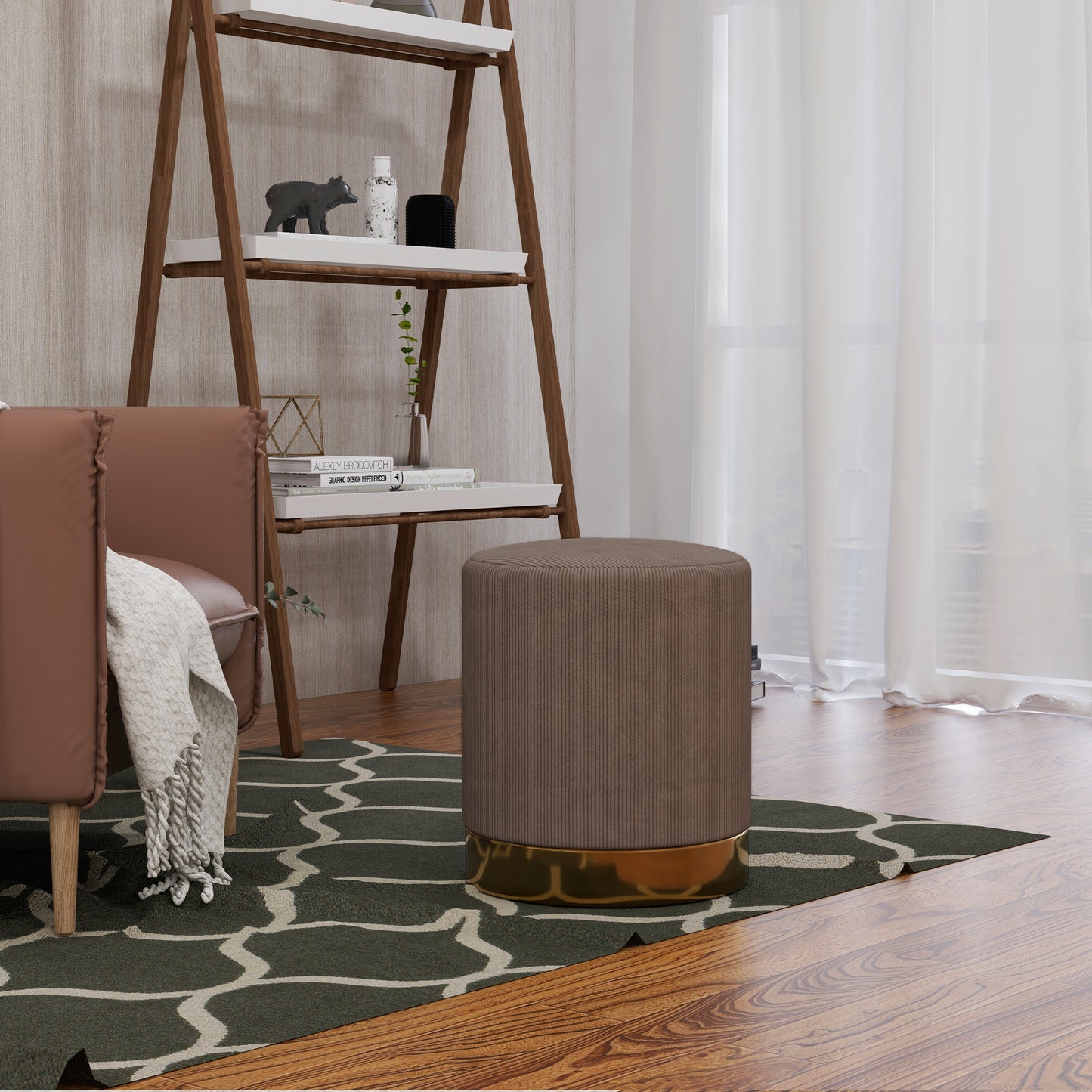 Corduroy Fabric Round Footstool, Modern Upholstered Foot Stool for Living Room, Entryway, Light Brown