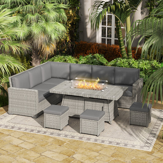 7 Piece PE Rattan 6 Seater Garden Furniture Set, 50,000 BTU Gas Fire Pit Table, Double Corner Sofa and 3 Footstools, for Conservatory, Grey
