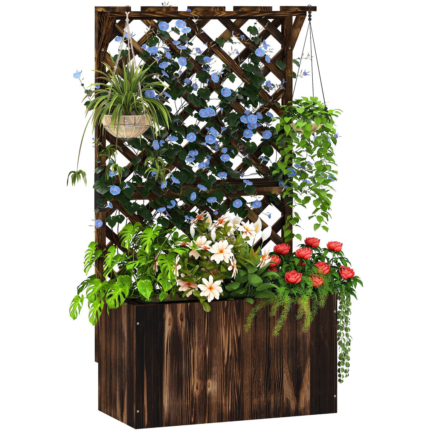 Wooden Planter with Trellis, Freestanding Raised Garden Bed with Drainage Holes, Outdoor Planter Box with Liner for Vegetables, Herbs and Flowers,