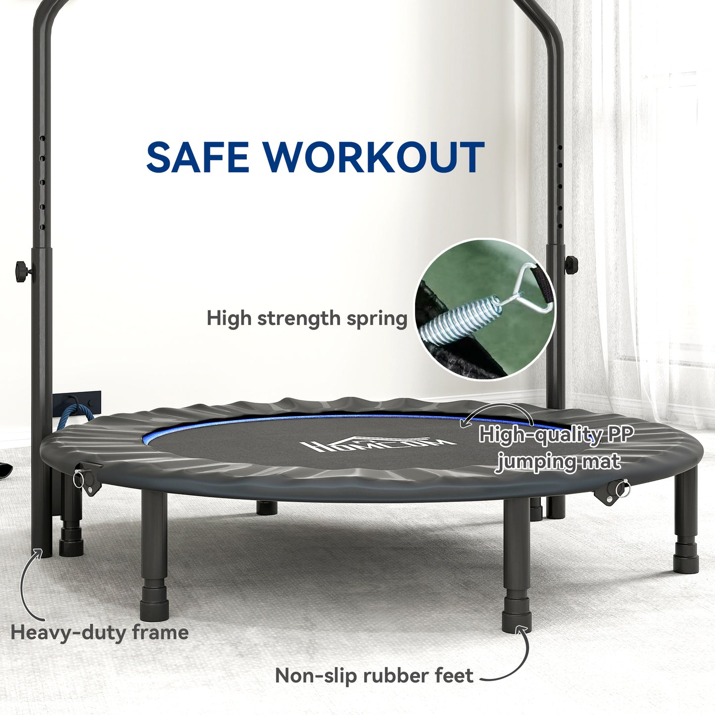 48" Foldable Mini Fitness Trampoline, with Adjustable Foam Handle, Blue / Pink / Orange