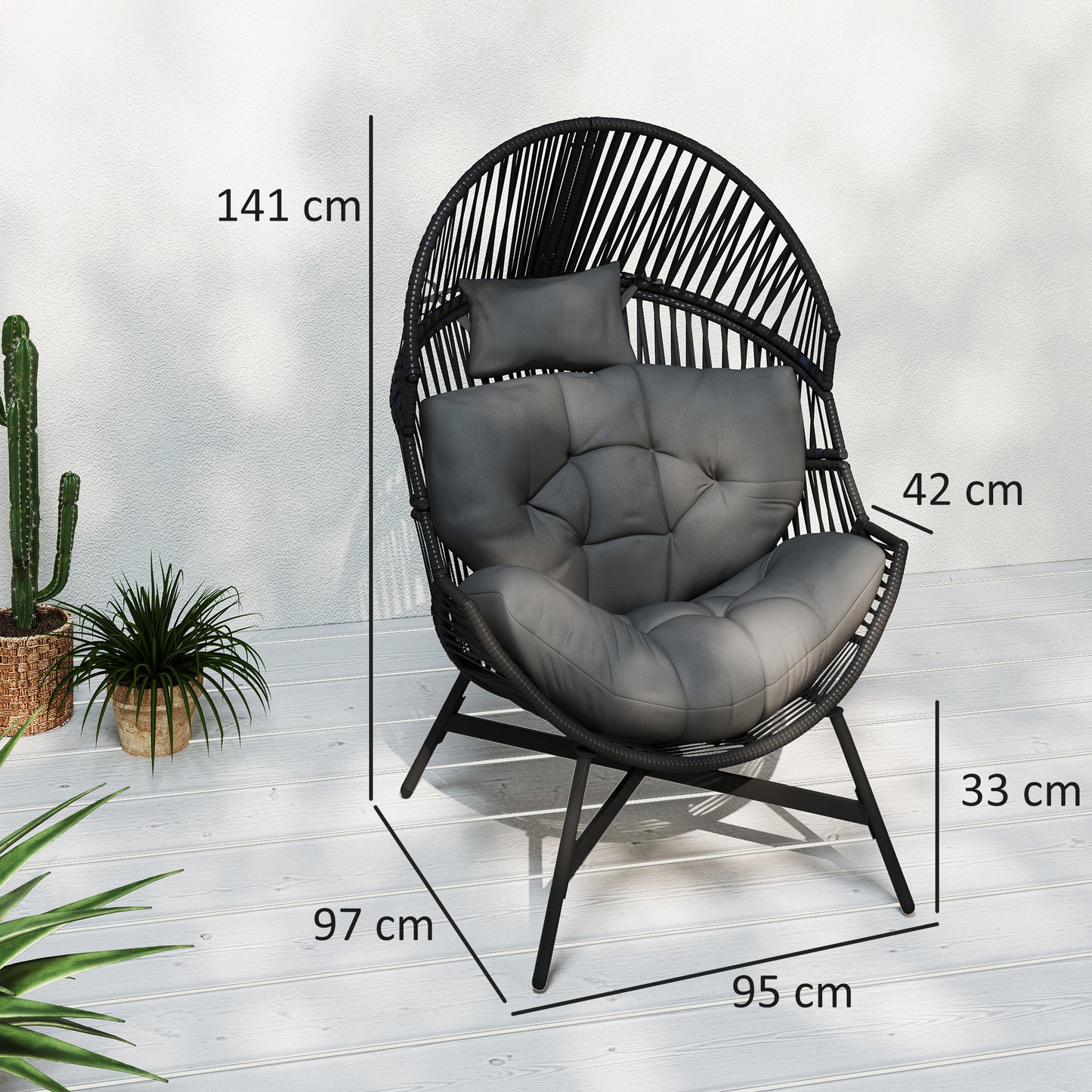 Outsunny Standing Rattan Egg Chair Outdoor, Oversized Wicker Garden Egg Chair with Thick Tufted Cushion, Headrest, Steel Frame, Charcoal Grey