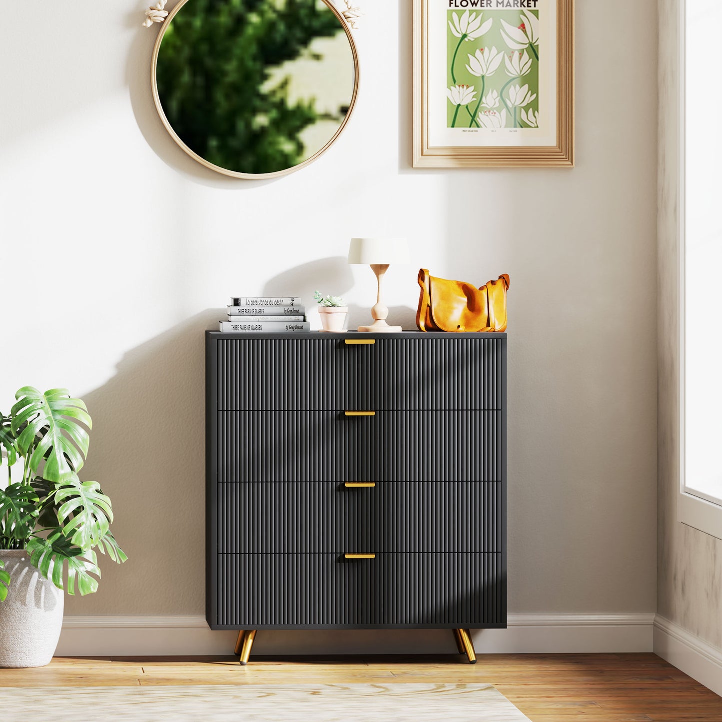 Bedroom Chest of Drawers with 4 Drawers, Fluted Dresser with Gold Tone Handles, Storage Cabinet for Bedroom, Living Room, Hallway, Entryway, Black