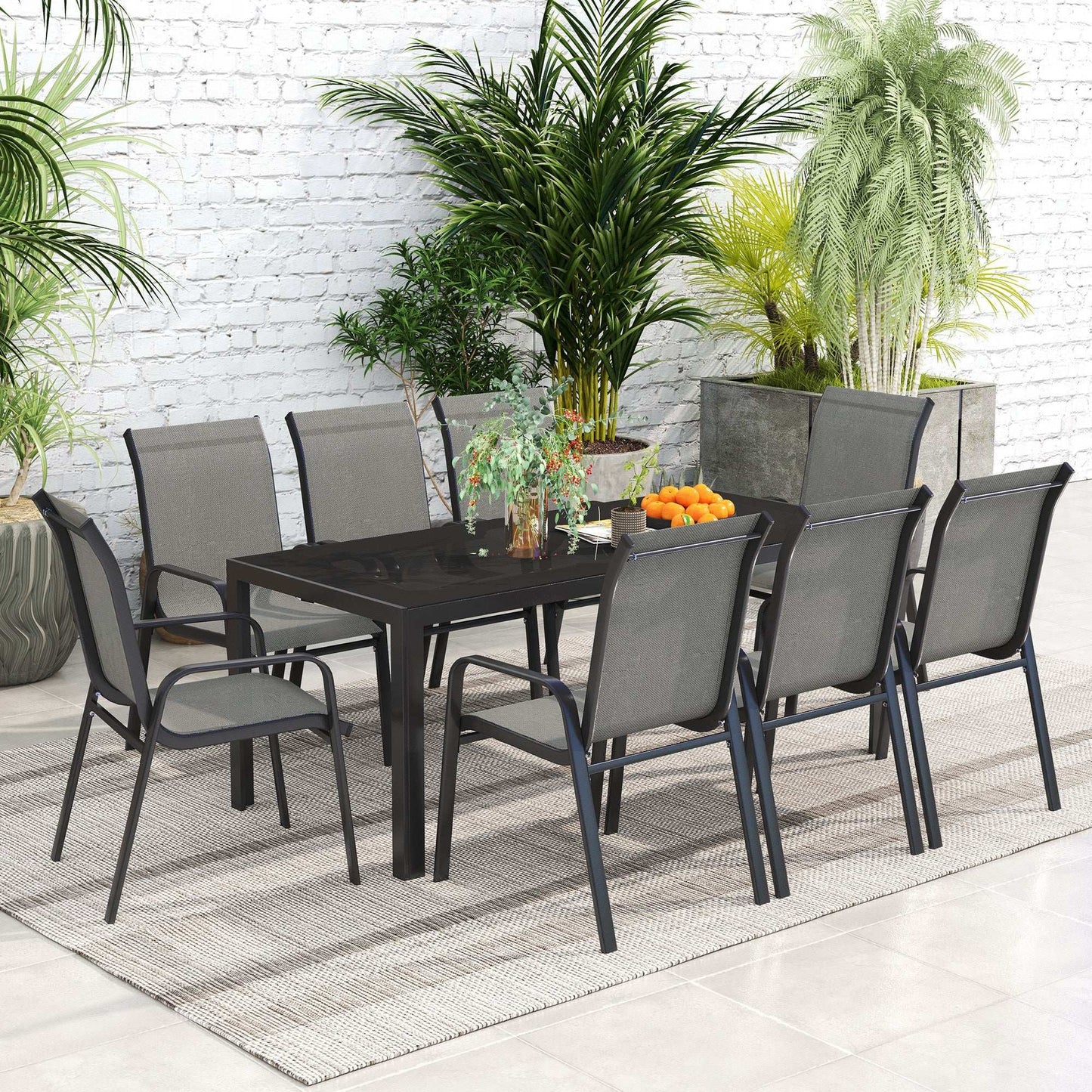 Outsunny 8 Seater Garden Dining Set with Rectangular Tempered Glass Top, Garden Furniture Set, Chairs for Patio, Balcony, Poolside, Dark Grey