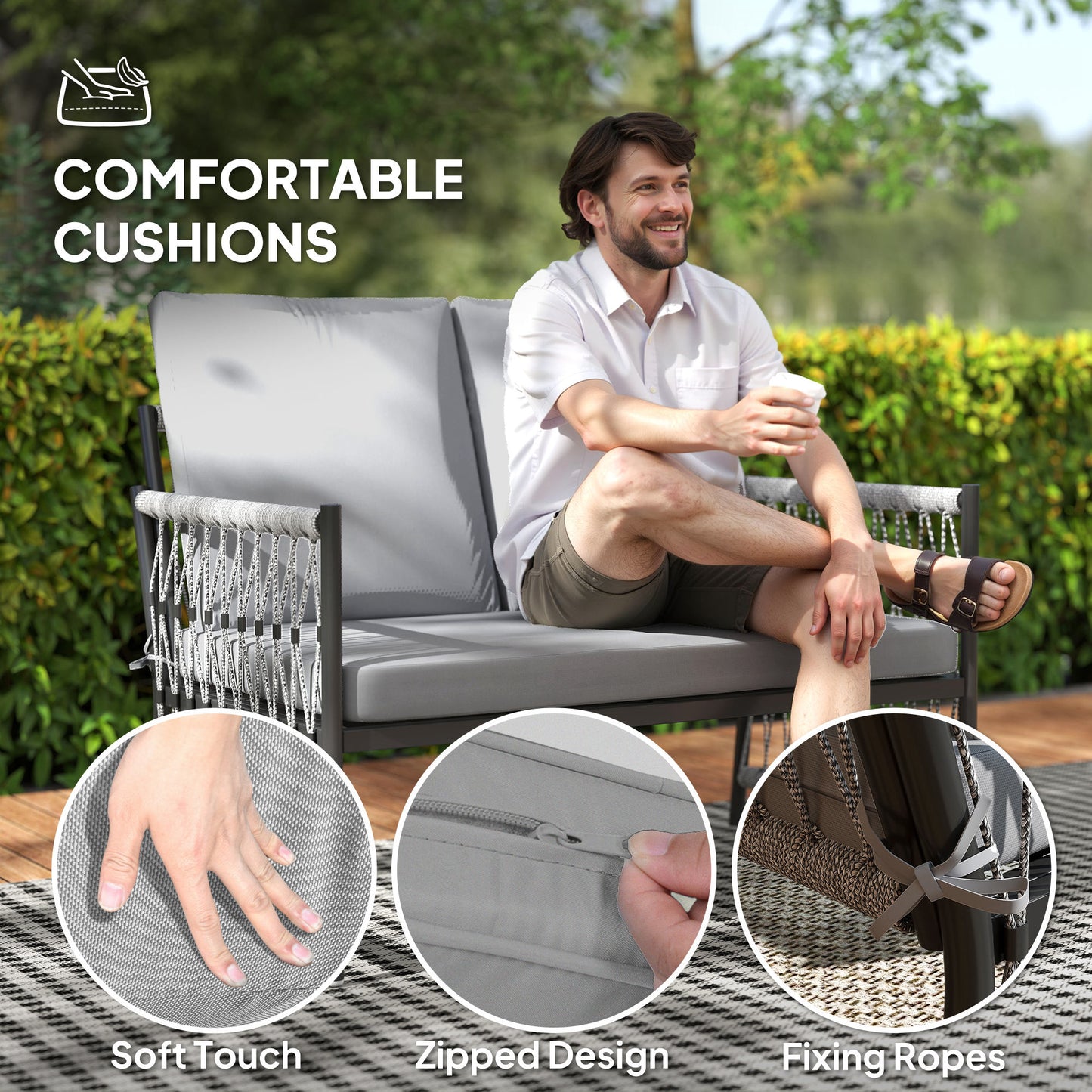 Outsunny 4 Piece Rattan Garden Furniture Set, 4 Seater Wicker Patio Conversation Set with 2 Armchairs, Loveseat, Glass Top Coffee Table and Cushions