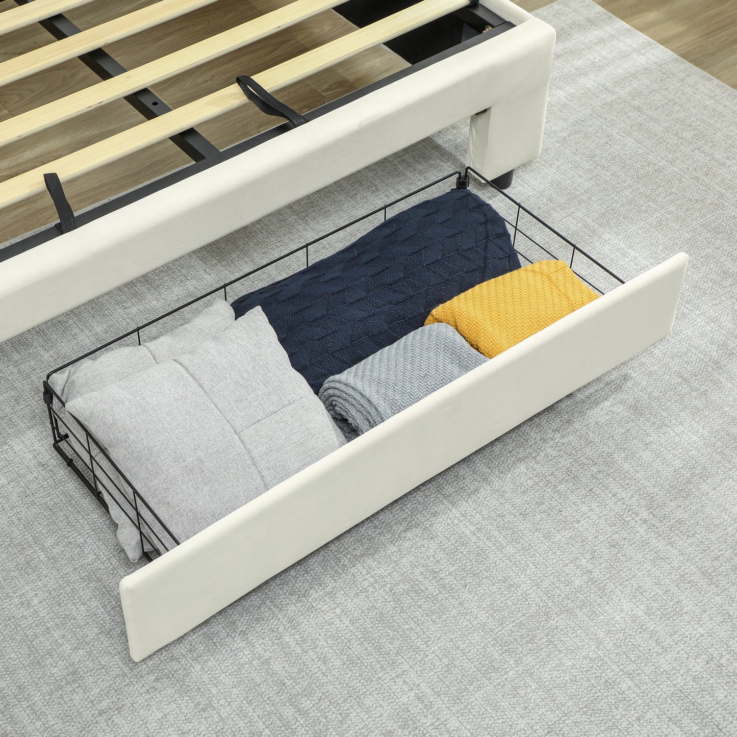 Double Ottoman Bed Frame, with Front Drawer - Cream / Black