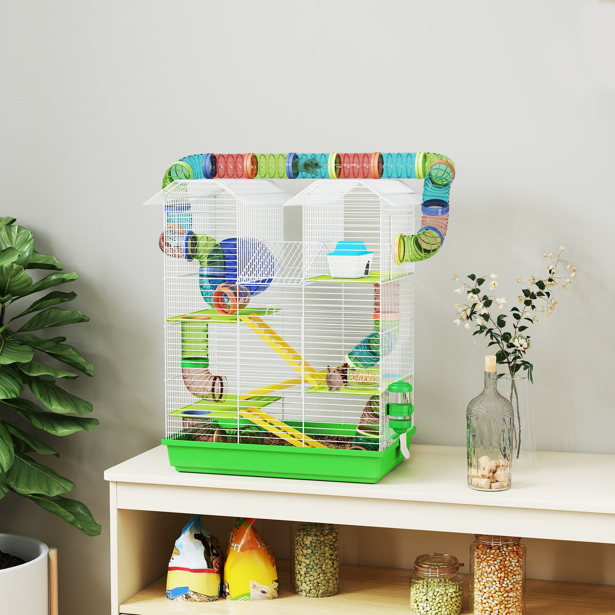 5-Tier Hamster Cage & Habitat | Exercise Wheel | Tunnel Tube | 75ml Water Bottle | Food Dishes | House & Ladder | 4 Perches | 47x30x59cm | Dwarf Hamsters & Gerbils | Blue | Green