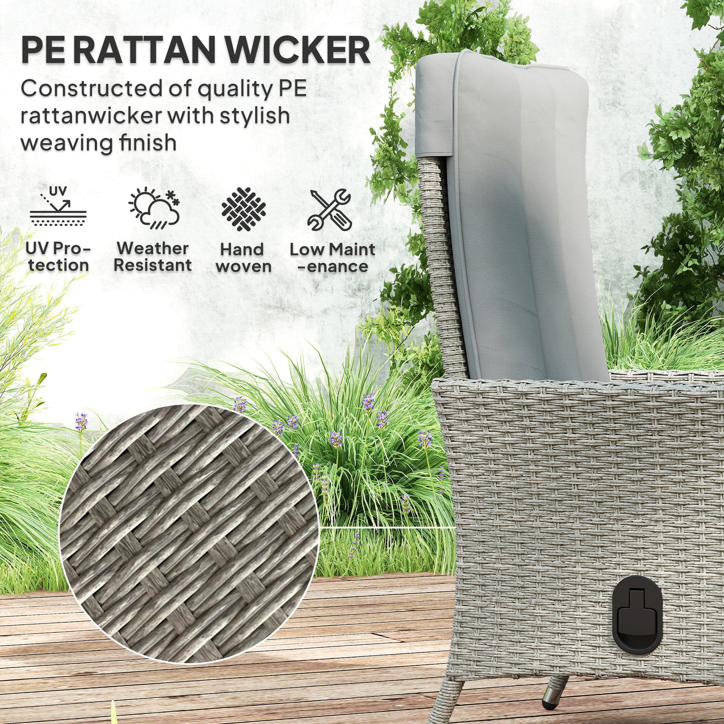 Rattan Garden Recliner Chair, Wicker Reclining Armchair with Adjustable Backrest and Cushion, Outdoor Lounge Sun Lounger with Armrests