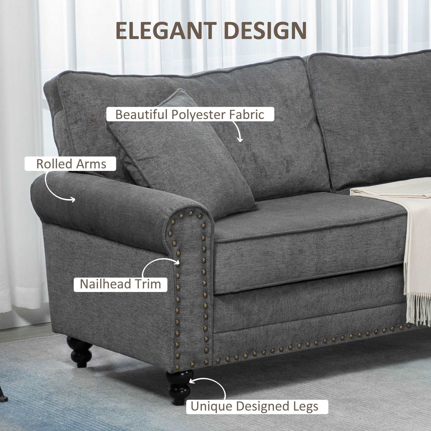 2 Seater Sofas for Living Room, Fabric Sofa with Nailhead Trim, Loveseat with Cushions and Throw Pillows, Grey