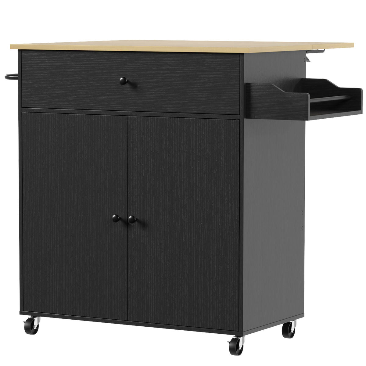Kitchen Island Trolley with Drop-Leaf | Drawer | Cabinet & 3-Level Shelf | Spice Rack | Towel Rack | 4 Wheels 2 Brakes | Melamine Top | 50kg Total | 106x42x87cm | Grey / Black