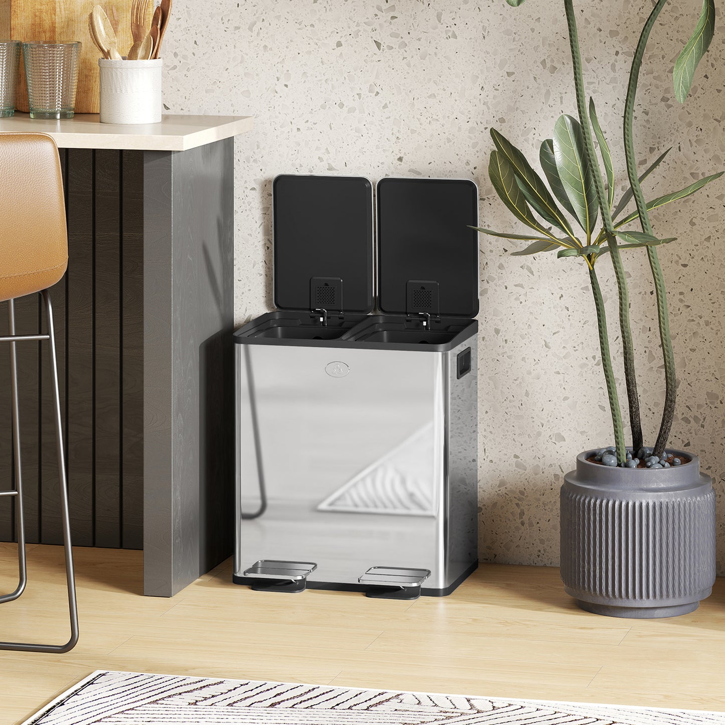 40L Dual Compartment Stainless Steel Bin, with Deodoriser Holders - Silver Tone / Gold Tone