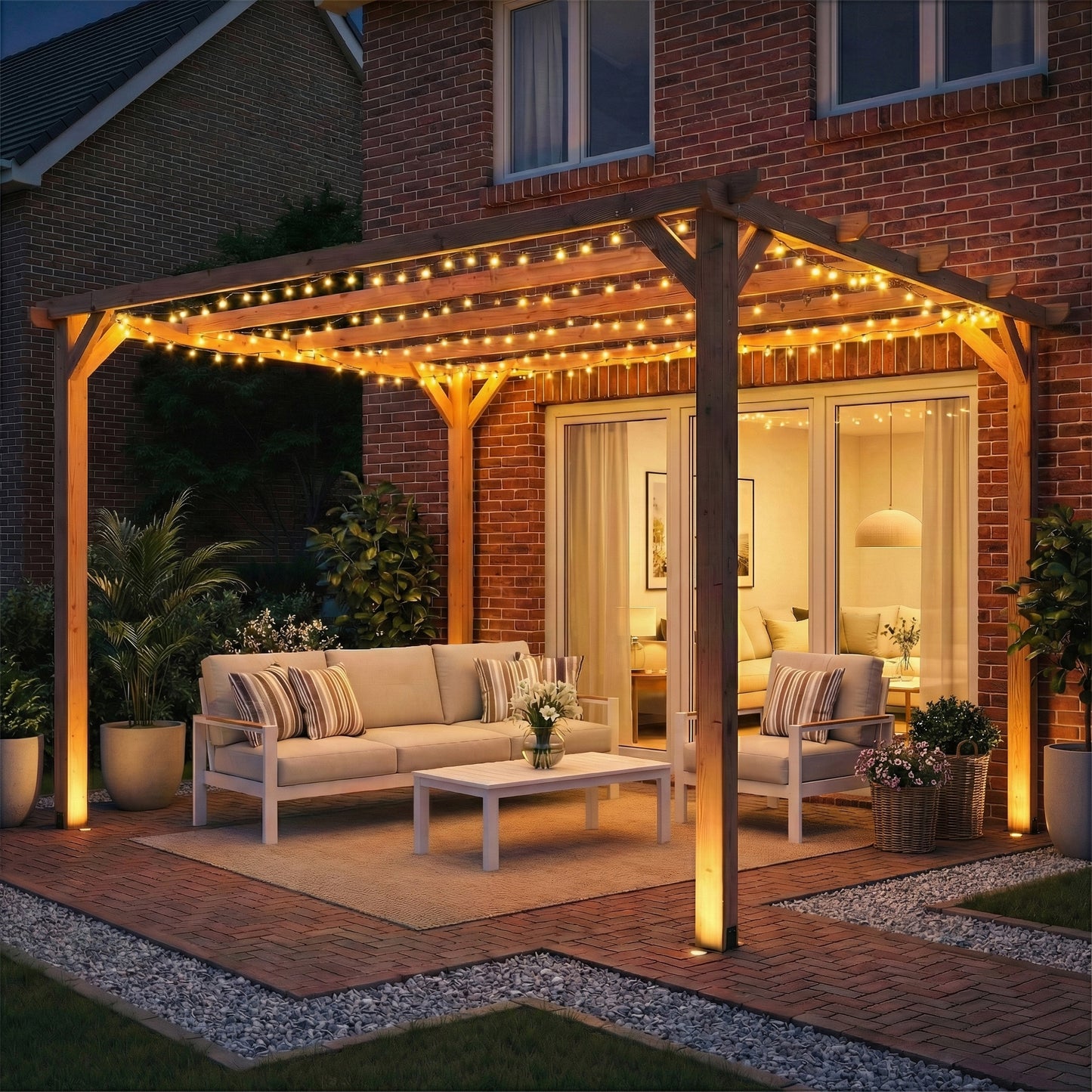 3 x 3 m Wooden Pergola Kit, Garden Pergola Gazebo Grape Trellis with Triangle Supports, 5 Beams, Maple Wood-effect