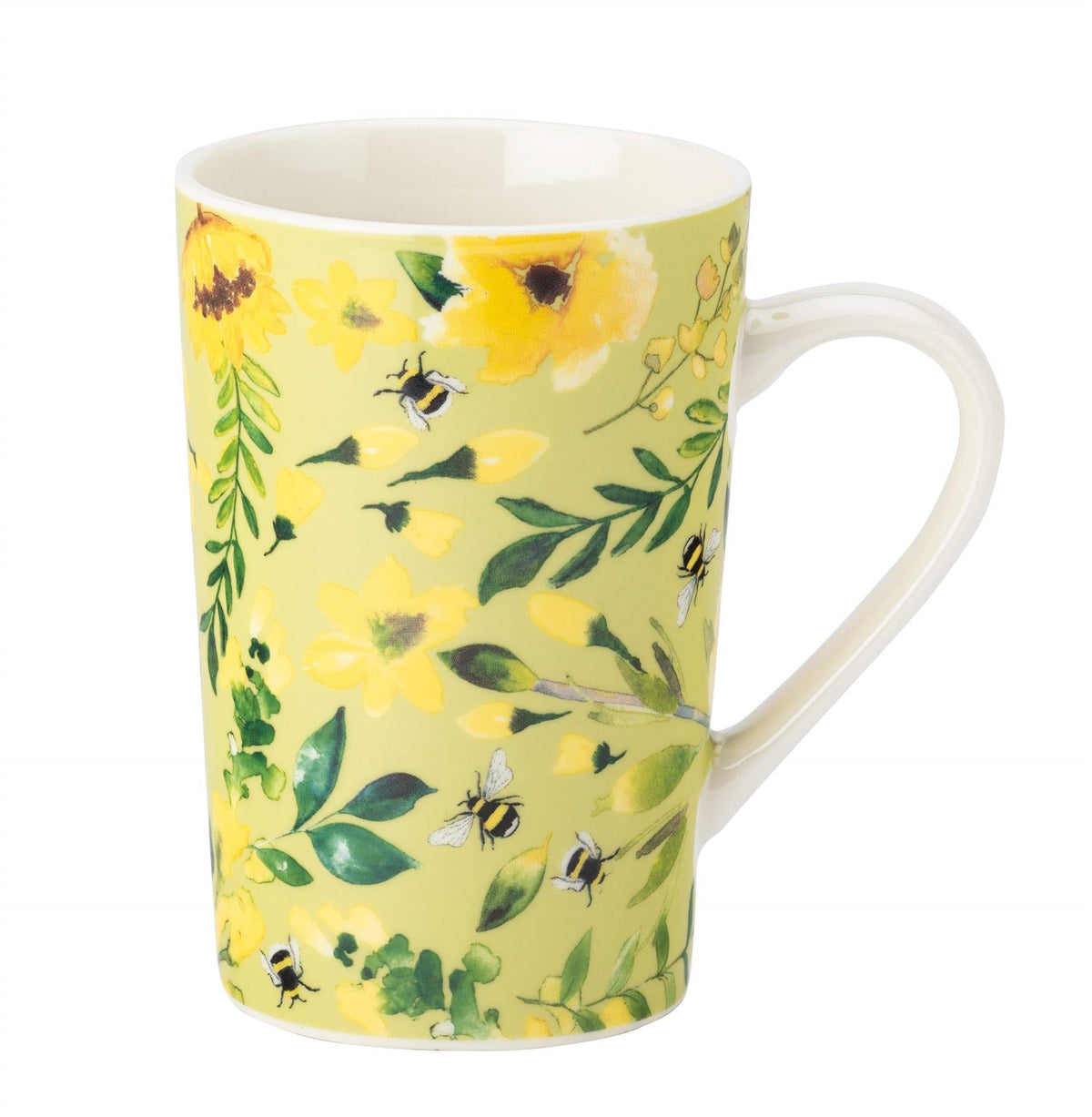Maison & White Bee-Beautiful Latte Mug | Green Floral & Bumblebee Design | Tall Handled Tea & Coffee Cup