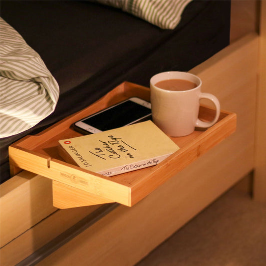 Maison & White Bamboo Clip-On Bedside Shelf | Clamp-On Bed Frame Tray with Cable Slots | Natural Finish | 33 × 25cm